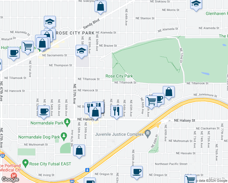 map of restaurants, bars, coffee shops, grocery stores, and more near 1958 Northeast 62nd Avenue in Portland