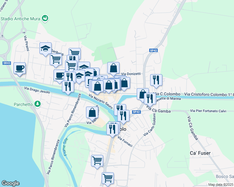 map of restaurants, bars, coffee shops, grocery stores, and more near 83 Via Cesare Battisti in Jesolo