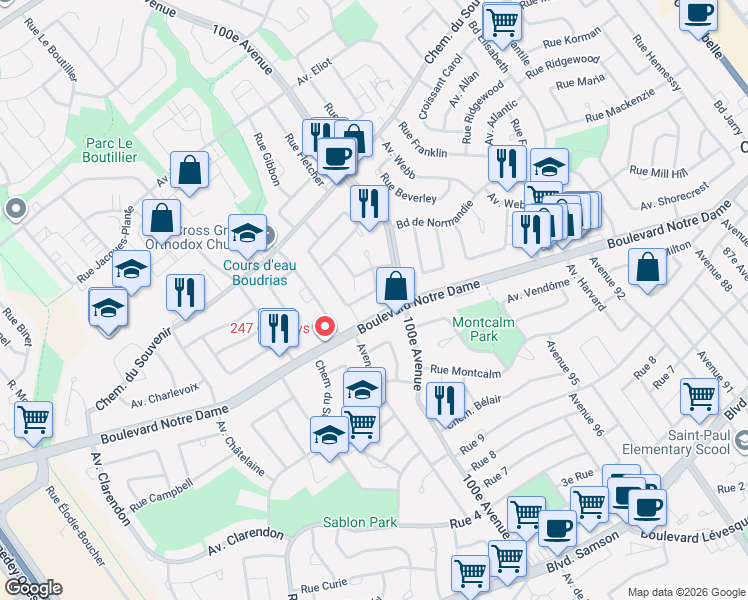 map of restaurants, bars, coffee shops, grocery stores, and more near 920 Rue Emerson in Laval