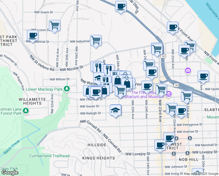 map of restaurants, bars, coffee shops, grocery stores, and more near 2655 Northwest Vaughn Street in Portland