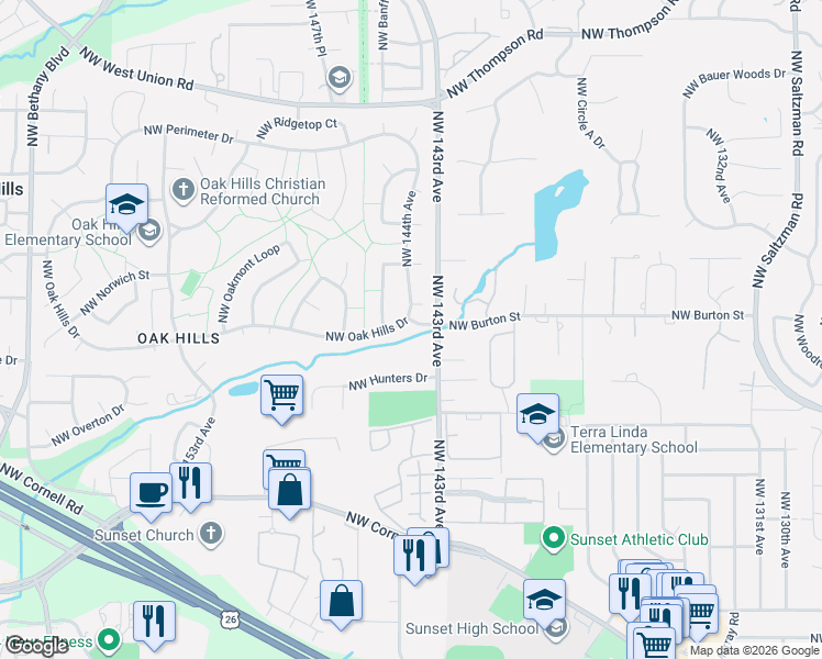 map of restaurants, bars, coffee shops, grocery stores, and more near 14400 Northwest Oakhills Drive in Beaverton