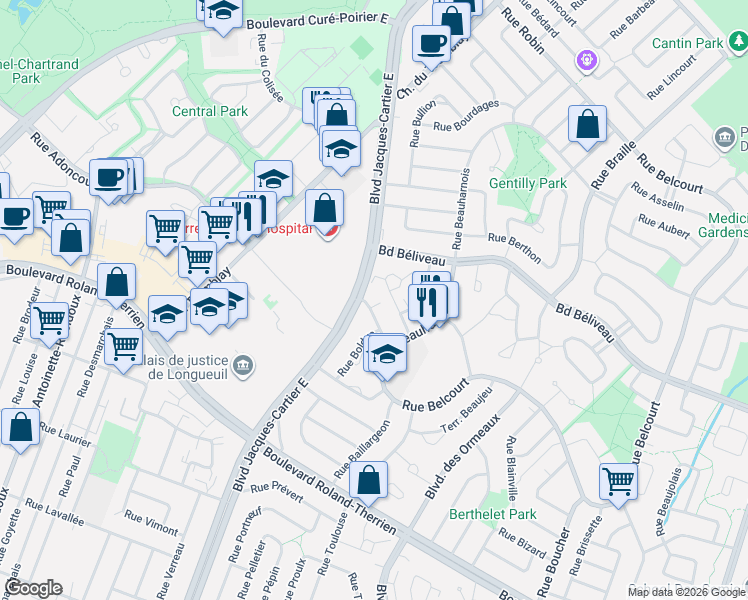 map of restaurants, bars, coffee shops, grocery stores, and more near 2581 Rue Bourdon in Longueuil