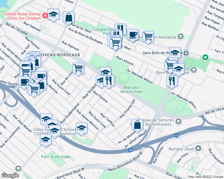 map of restaurants, bars, coffee shops, grocery stores, and more near 11455 Rue Drouart in Montreal