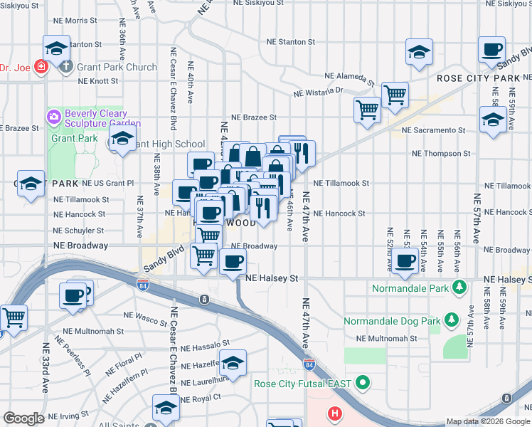 map of restaurants, bars, coffee shops, grocery stores, and more near 4448 Northeast Hancock Street in Portland