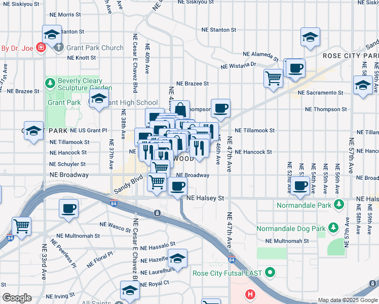 map of restaurants, bars, coffee shops, grocery stores, and more near 4233 Northeast Sandy Boulevard in Portland