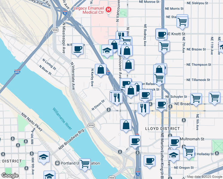 map of restaurants, bars, coffee shops, grocery stores, and more near Interstate 5 in Portland