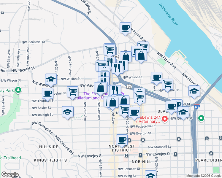 map of restaurants, bars, coffee shops, grocery stores, and more near 2260 Northwest Wilson Street in Portland