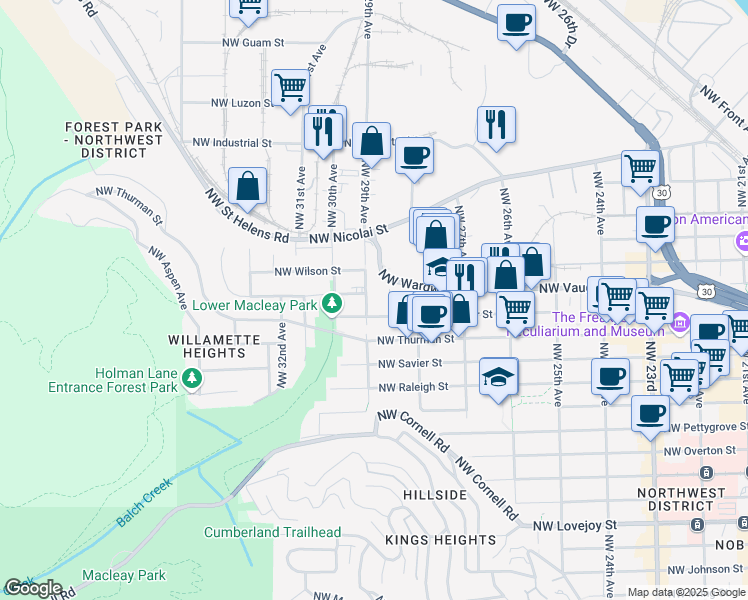 map of restaurants, bars, coffee shops, grocery stores, and more near 2868 Northwest Wardway in Portland