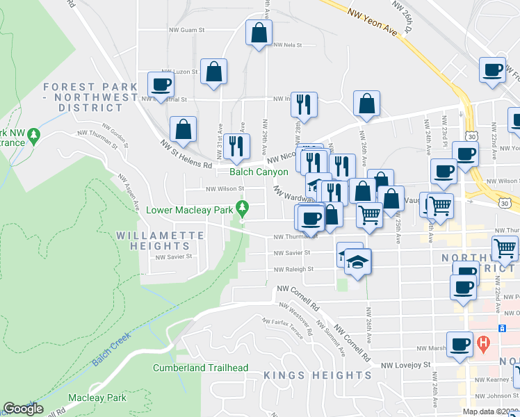 map of restaurants, bars, coffee shops, grocery stores, and more near 2015 Northwest 29th Avenue in Portland