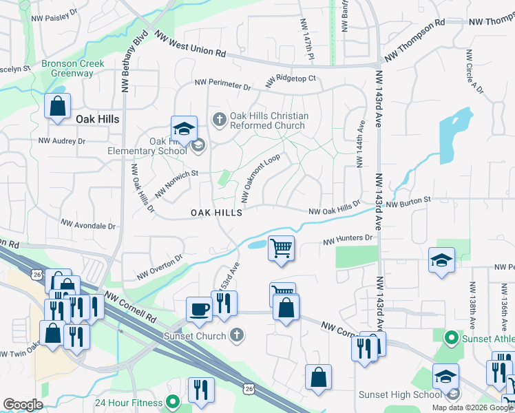 map of restaurants, bars, coffee shops, grocery stores, and more near 15010 Northwest Oakmont Loop in Beaverton