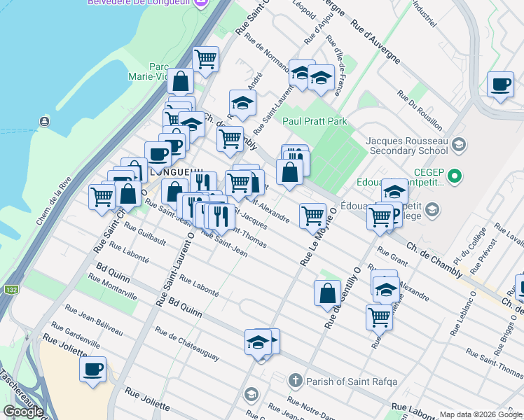 map of restaurants, bars, coffee shops, grocery stores, and more near 492 Rue Saint-Alexandre in Longueuil