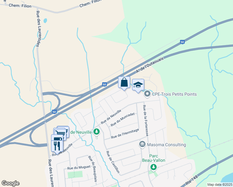 map of restaurants, bars, coffee shops, grocery stores, and more near 175 Rue de Beaujeu in Gatineau