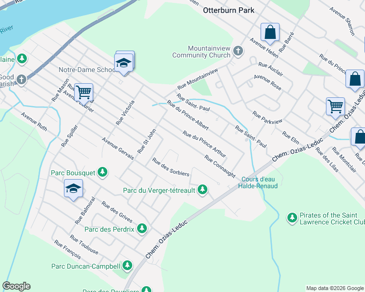 map of restaurants, bars, coffee shops, grocery stores, and more near 550 Rue Connaught in Otterburn Park