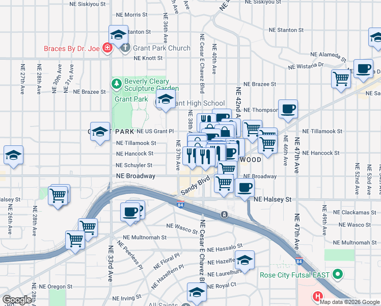map of restaurants, bars, coffee shops, grocery stores, and more near Northeast Hancock Street & Northeast 38th Avenue in Portland