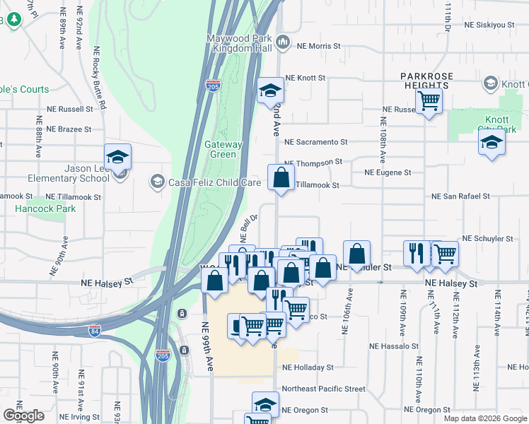 map of restaurants, bars, coffee shops, grocery stores, and more near 1930 Northeast 101st Avenue in Portland