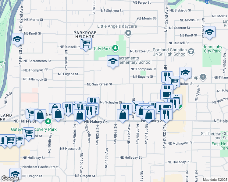 map of restaurants, bars, coffee shops, grocery stores, and more near 1921 Northeast 114th Avenue in Portland