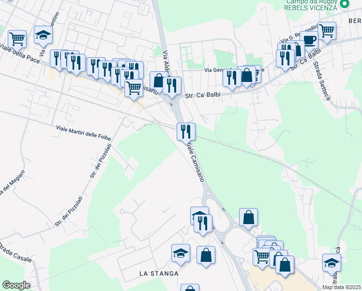 map of restaurants, bars, coffee shops, grocery stores, and more near 18 Strada della Caimpenta in Vicenza