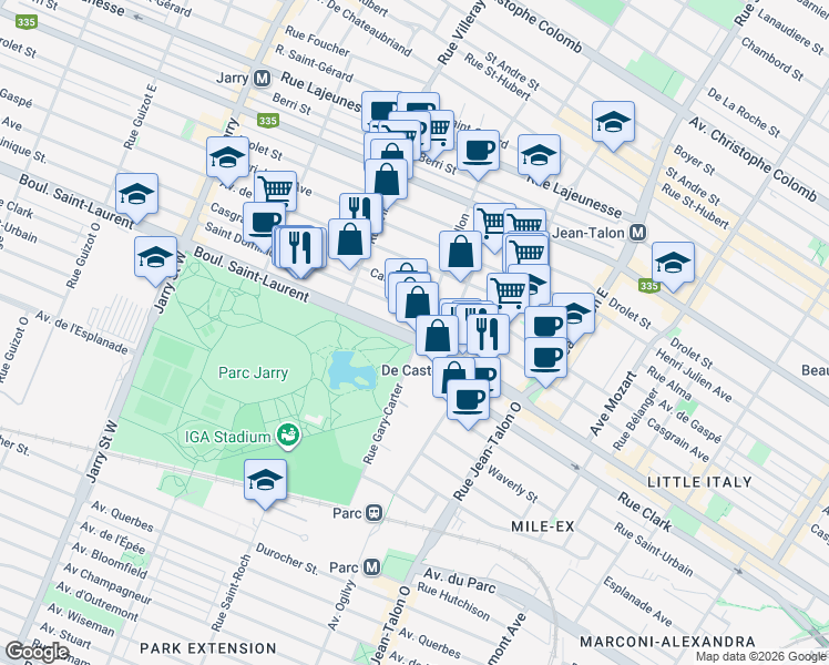 map of restaurants, bars, coffee shops, grocery stores, and more near 7501 St Laurent Blvd in Montreal