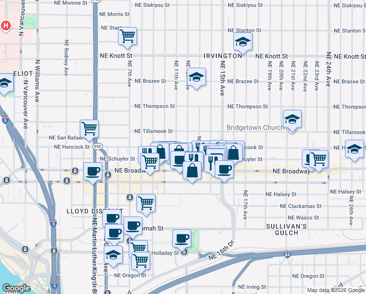 map of restaurants, bars, coffee shops, grocery stores, and more near 1125 Northeast Hancock Street in Portland