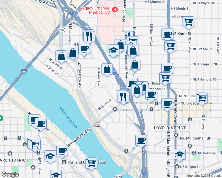map of restaurants, bars, coffee shops, grocery stores, and more near 333 North Hancock Street in Portland