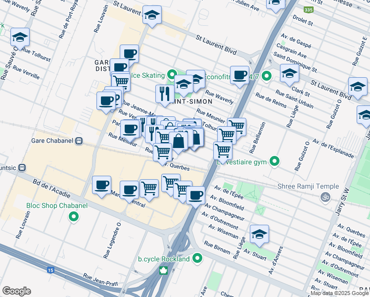 map of restaurants, bars, coffee shops, grocery stores, and more near in Montréal