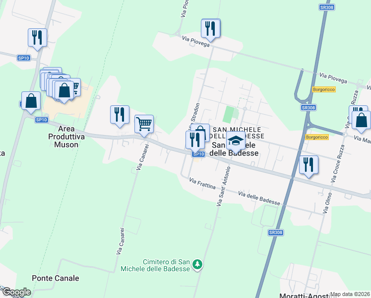 map of restaurants, bars, coffee shops, grocery stores, and more near 372 Via Desman in Borgoricco