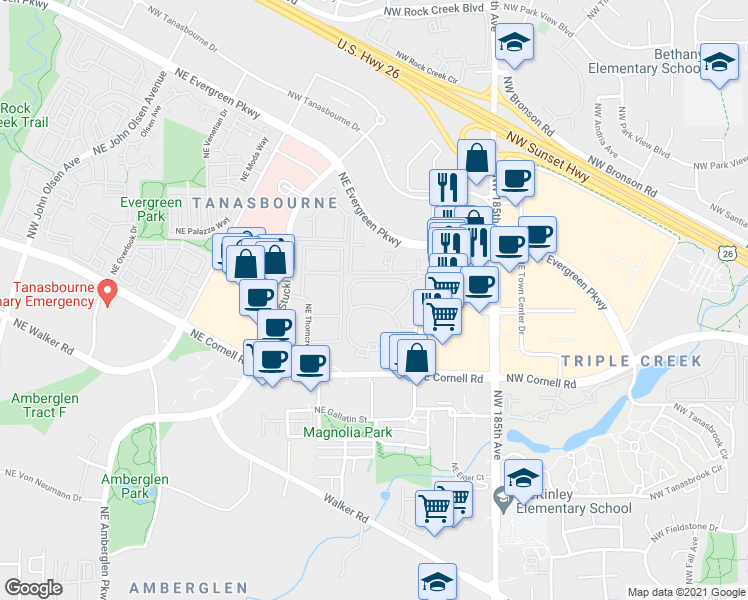 map of restaurants, bars, coffee shops, grocery stores, and more near 2245 Northeast 106th Avenue in Hillsboro