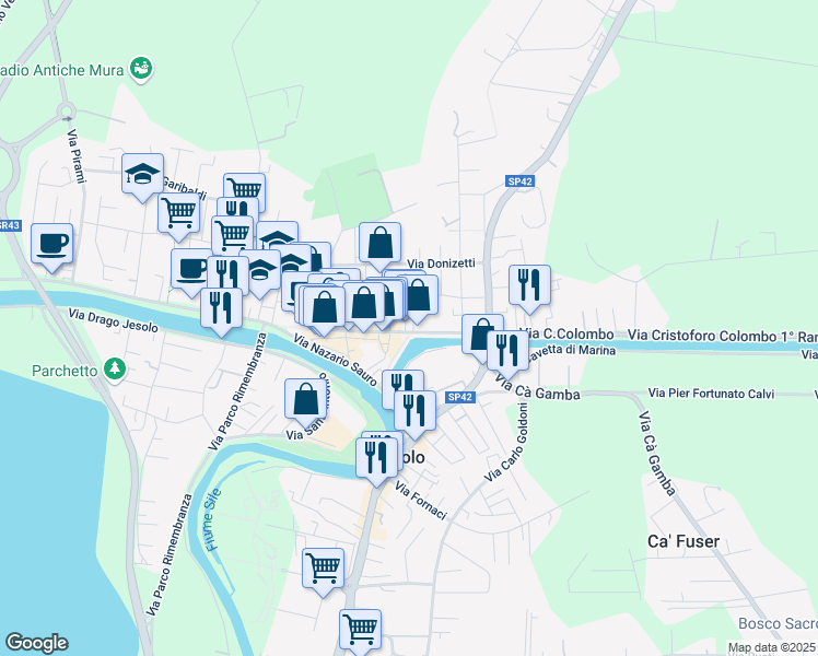 map of restaurants, bars, coffee shops, grocery stores, and more near 83 Via Cesare Battisti in Jesolo