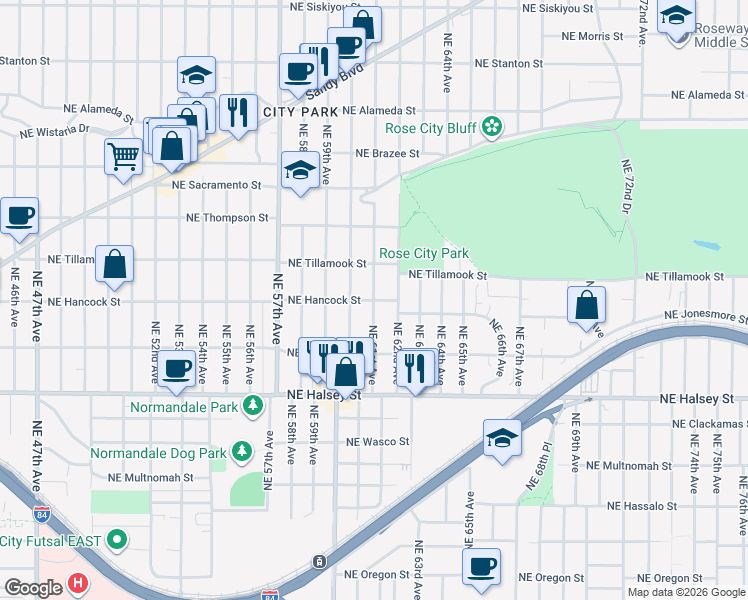 map of restaurants, bars, coffee shops, grocery stores, and more near Northeast 61st Avenue in Portland