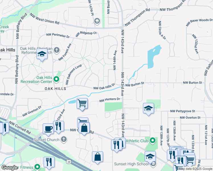 map of restaurants, bars, coffee shops, grocery stores, and more near 2335 Northwest 145th Avenue in Beaverton