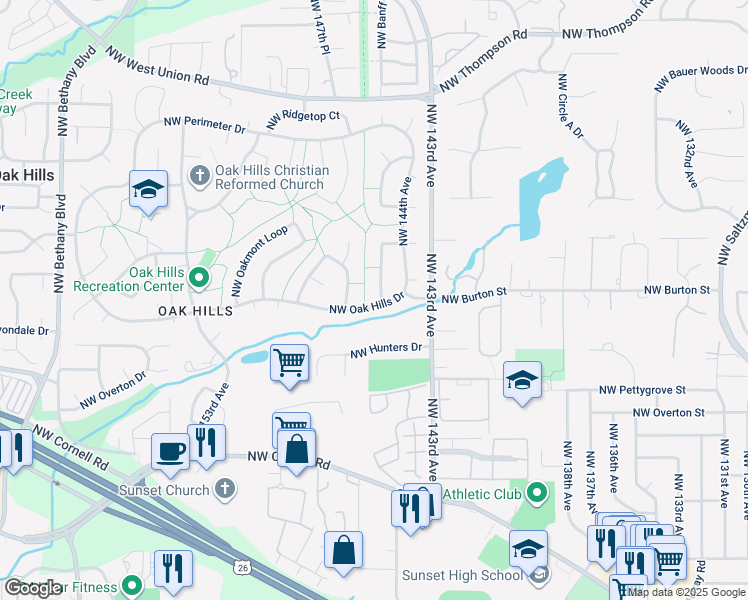 map of restaurants, bars, coffee shops, grocery stores, and more near 2335 Northwest 145th Avenue in Beaverton