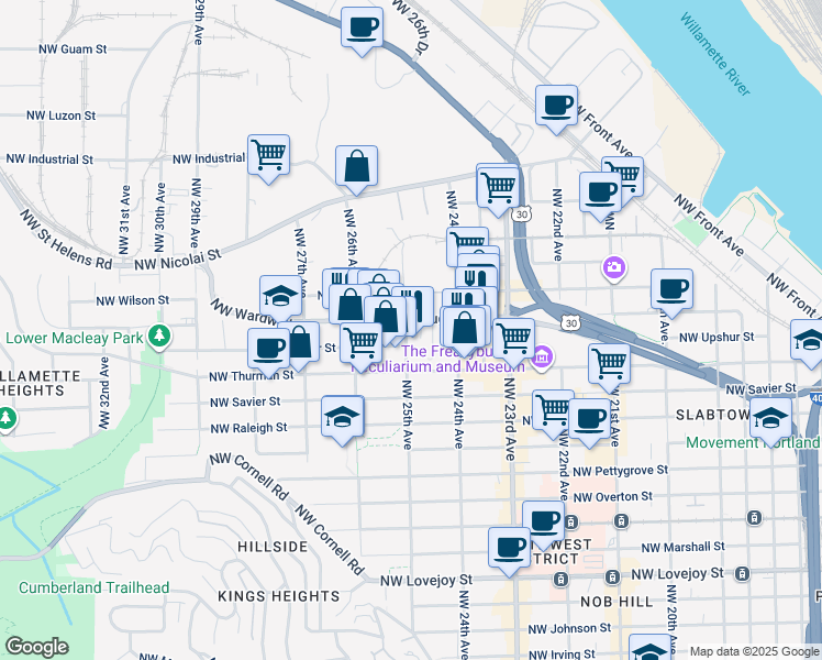 map of restaurants, bars, coffee shops, grocery stores, and more near 1940 Northwest 25th Avenue in Portland