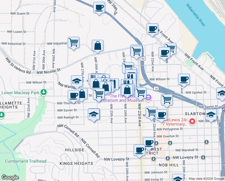 map of restaurants, bars, coffee shops, grocery stores, and more near 1940 Northwest 25th Avenue in Portland
