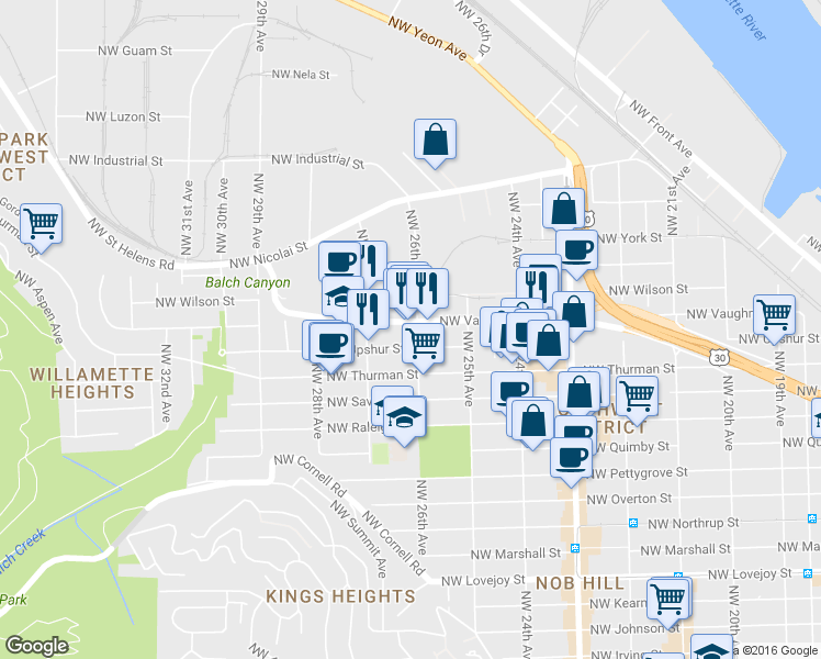 map of restaurants, bars, coffee shops, grocery stores, and more near 2608 Northwest Vaughn Street in Portland