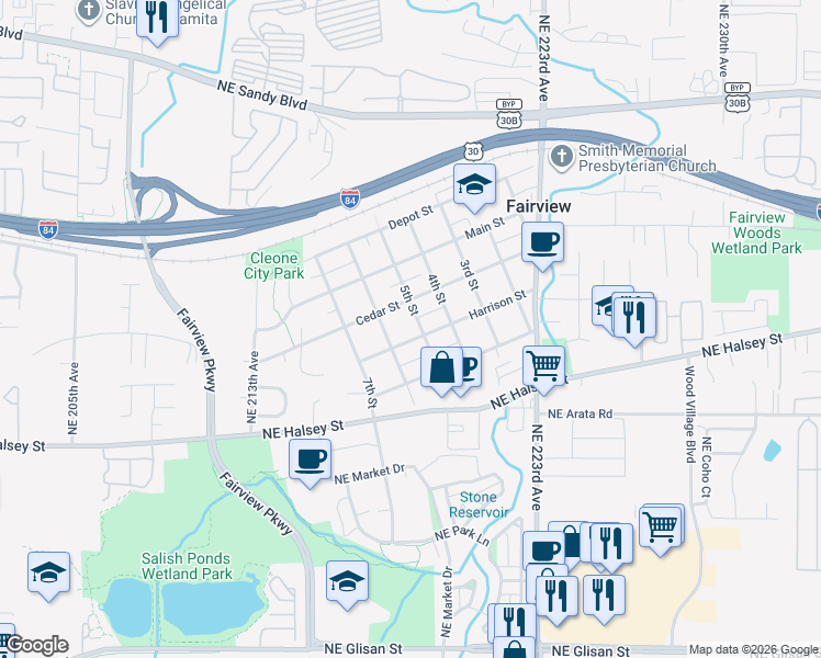 map of restaurants, bars, coffee shops, grocery stores, and more near 530 Cedar Street in Fairview