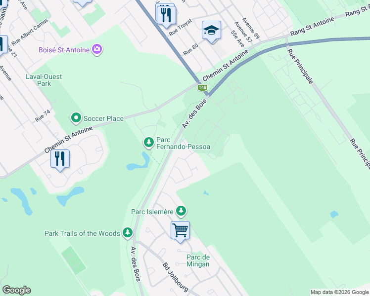 map of restaurants, bars, coffee shops, grocery stores, and more near 2160 Rue Bonaventure in Laval