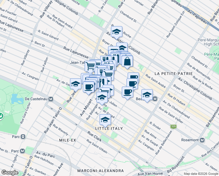 map of restaurants, bars, coffee shops, grocery stores, and more near 6876 Rue Saint-Denis in Montréal