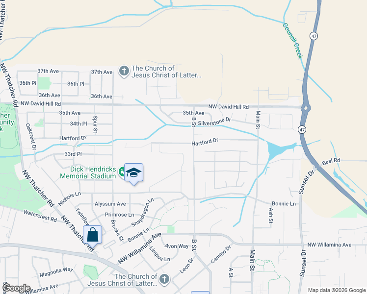 map of restaurants, bars, coffee shops, grocery stores, and more near 1722 Hartford Drive in Forest Grove