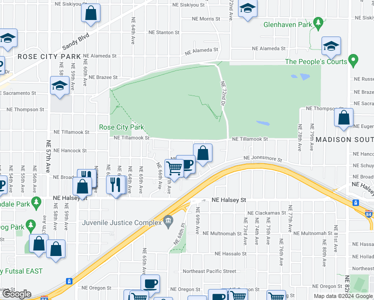 map of restaurants, bars, coffee shops, grocery stores, and more near 6726 Northeast Tillamook Street in Portland