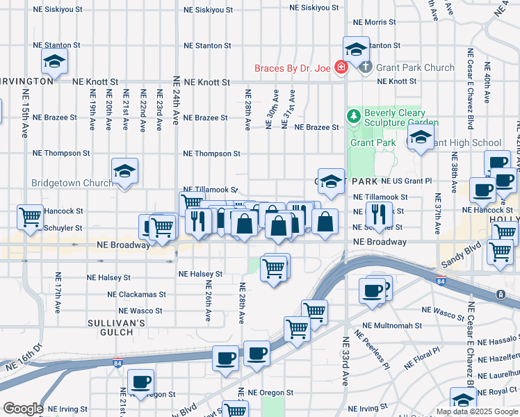 map of restaurants, bars, coffee shops, grocery stores, and more near 2914 Northeast Tillamook Street in Portland