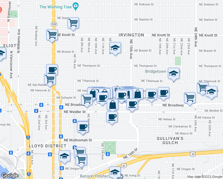 map of restaurants, bars, coffee shops, grocery stores, and more near 1922 Northeast 12th Avenue in Portland