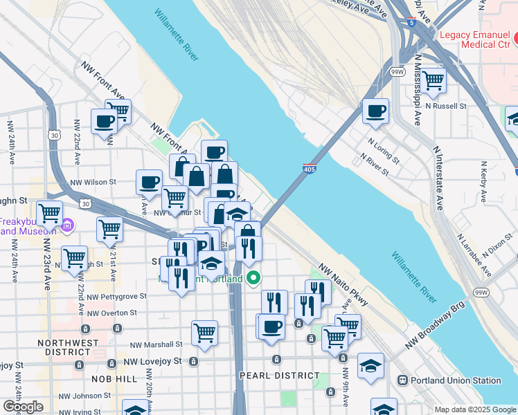 map of restaurants, bars, coffee shops, grocery stores, and more near 1850 Northwest Front Avenue in Portland