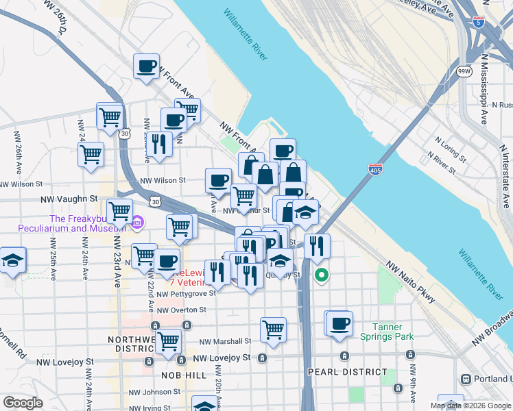 map of restaurants, bars, coffee shops, grocery stores, and more near 1988 Northwest 18th Avenue in Portland