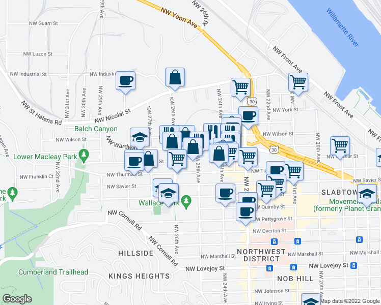 map of restaurants, bars, coffee shops, grocery stores, and more near 2141 Northwest 25th Avenue in Portland