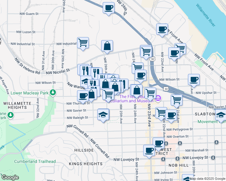 map of restaurants, bars, coffee shops, grocery stores, and more near in Portland