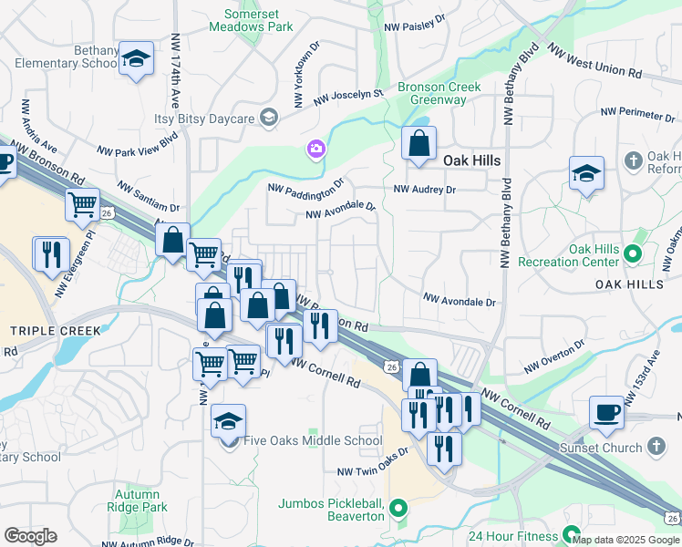 map of restaurants, bars, coffee shops, grocery stores, and more near 2467 Northwest Schmidt Way in Beaverton