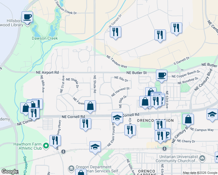 map of restaurants, bars, coffee shops, grocery stores, and more near 1696 Northeast 57th Avenue in Hillsboro