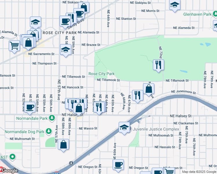 map of restaurants, bars, coffee shops, grocery stores, and more near 6322 Northeast Tillamook Street in Portland