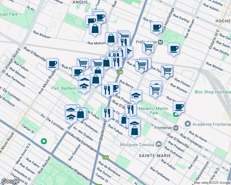map of restaurants, bars, coffee shops, grocery stores, and more near 2560 Rue Sherbrooke Est in Montréal