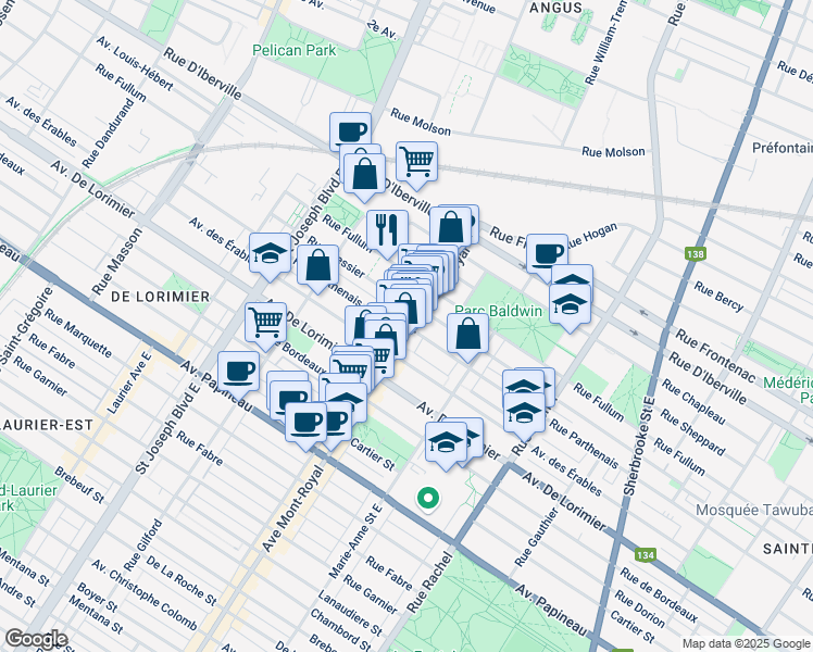 map of restaurants, bars, coffee shops, grocery stores, and more near 2211 Avenue du Mont-Royal Est in Montréal